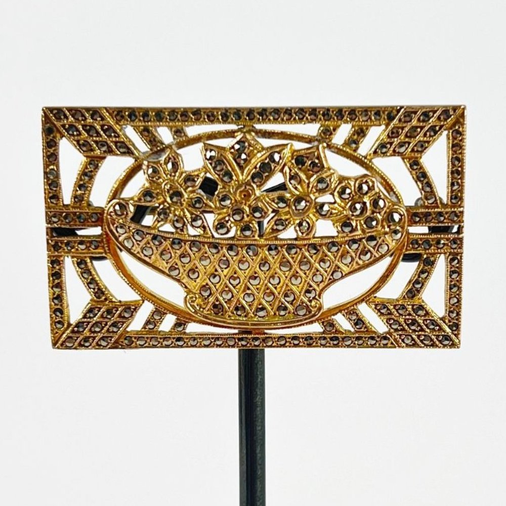 Vintage Art Deco Harry Iskin Gold Filled Floral Basket Marcasite Pin Brooch